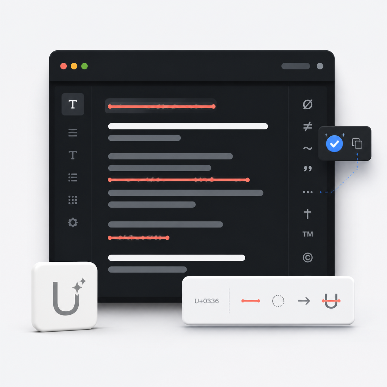 A professional dark text editor interface showing clean red strikethrough formatting and Unicode copy controls