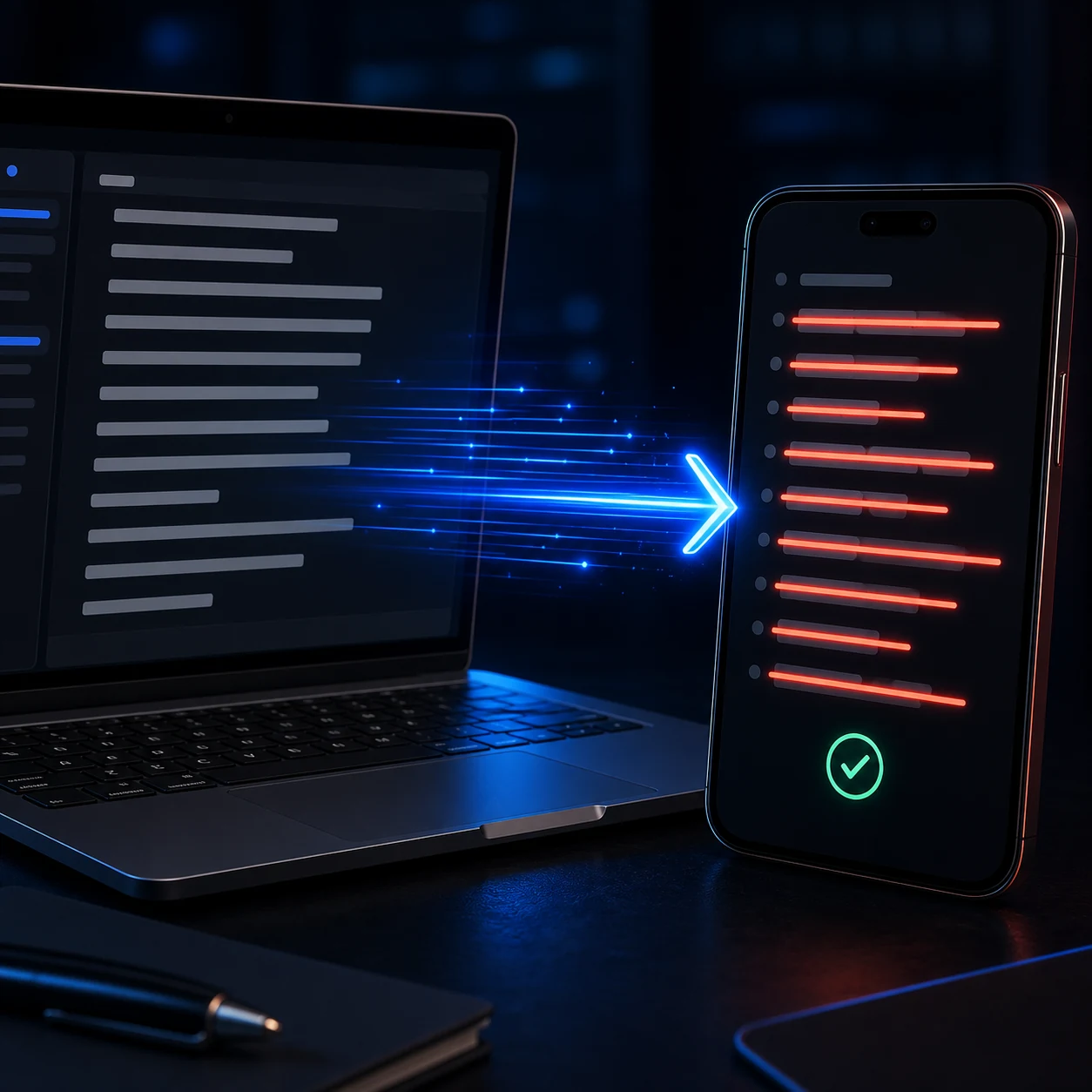 A laptop and smartphone displaying matching crossed out 
text that stays intact across devices